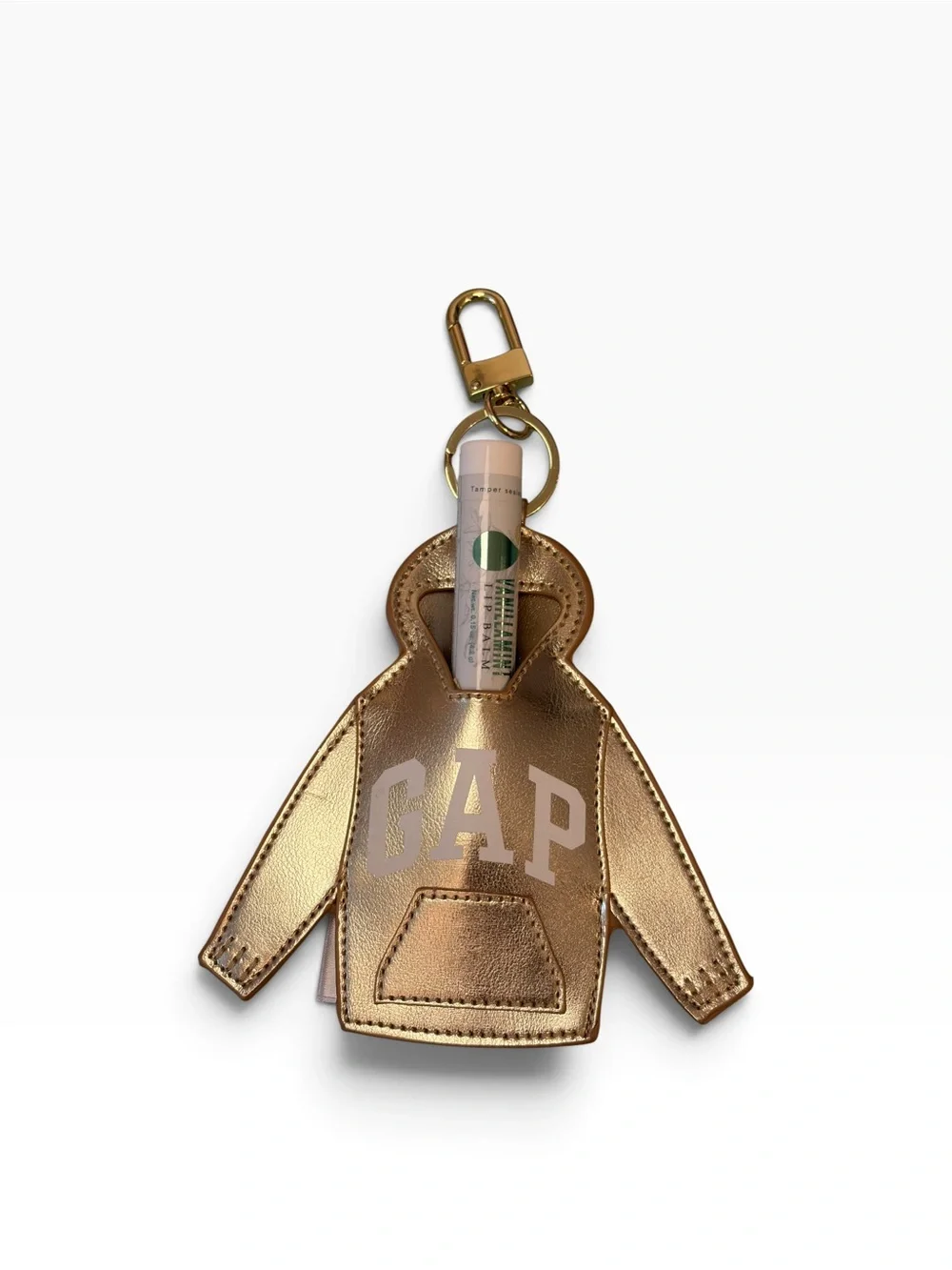 GAP Metallic Gold Hoodie Keychain Bag Charm Lip Balm Pouch Faux Leather